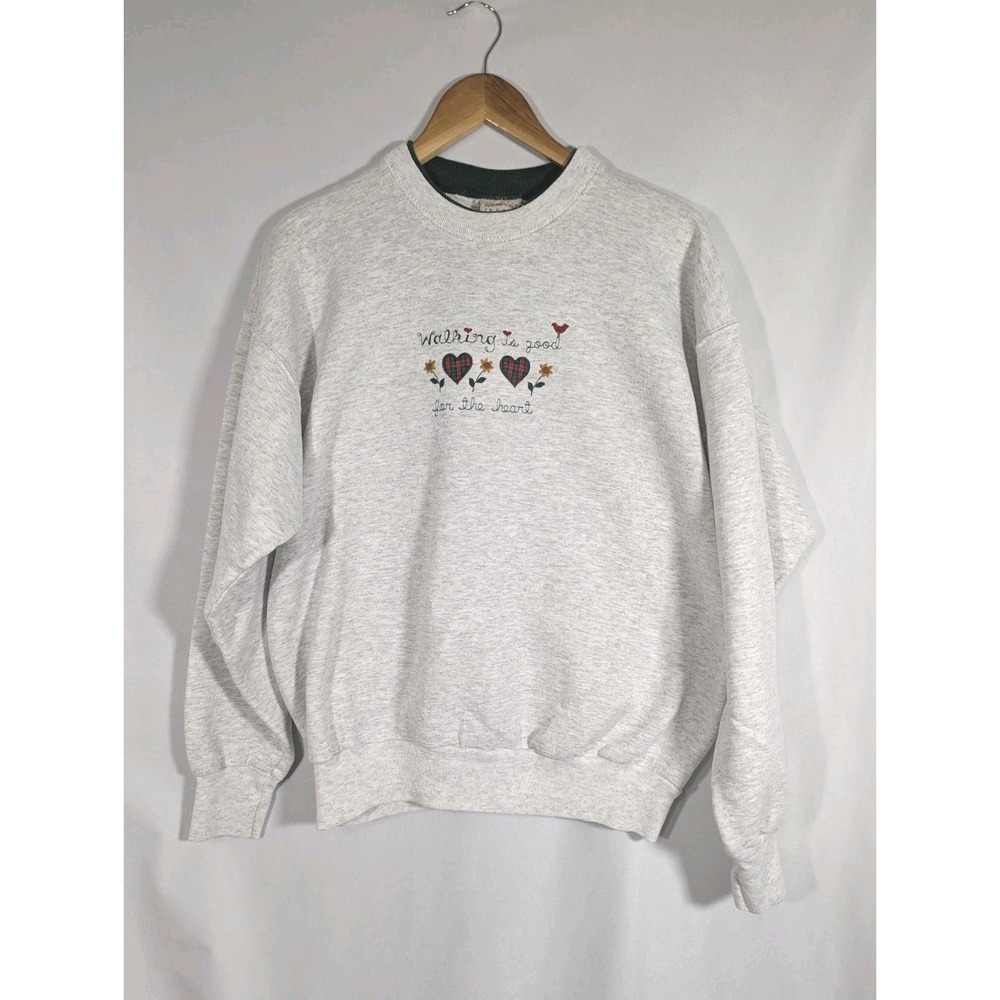 Vintage Stitch Sweatshirt Womens Large Gray Hearts Walking Embroidered USA